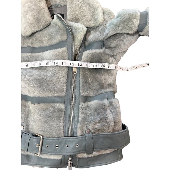 Reiss Ellie Anthracite Leather Shearling Jacket Belt Zipper Detail Gray Size XS - Picture 7 of 8